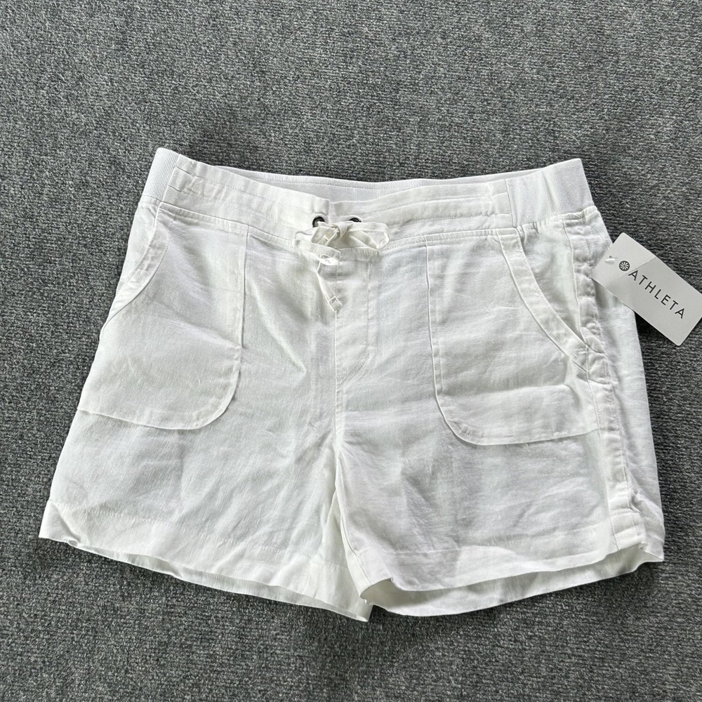 Athleta Linen Short Womens 14 White Elastic‎ Drawstring Waist Pockets Casual New